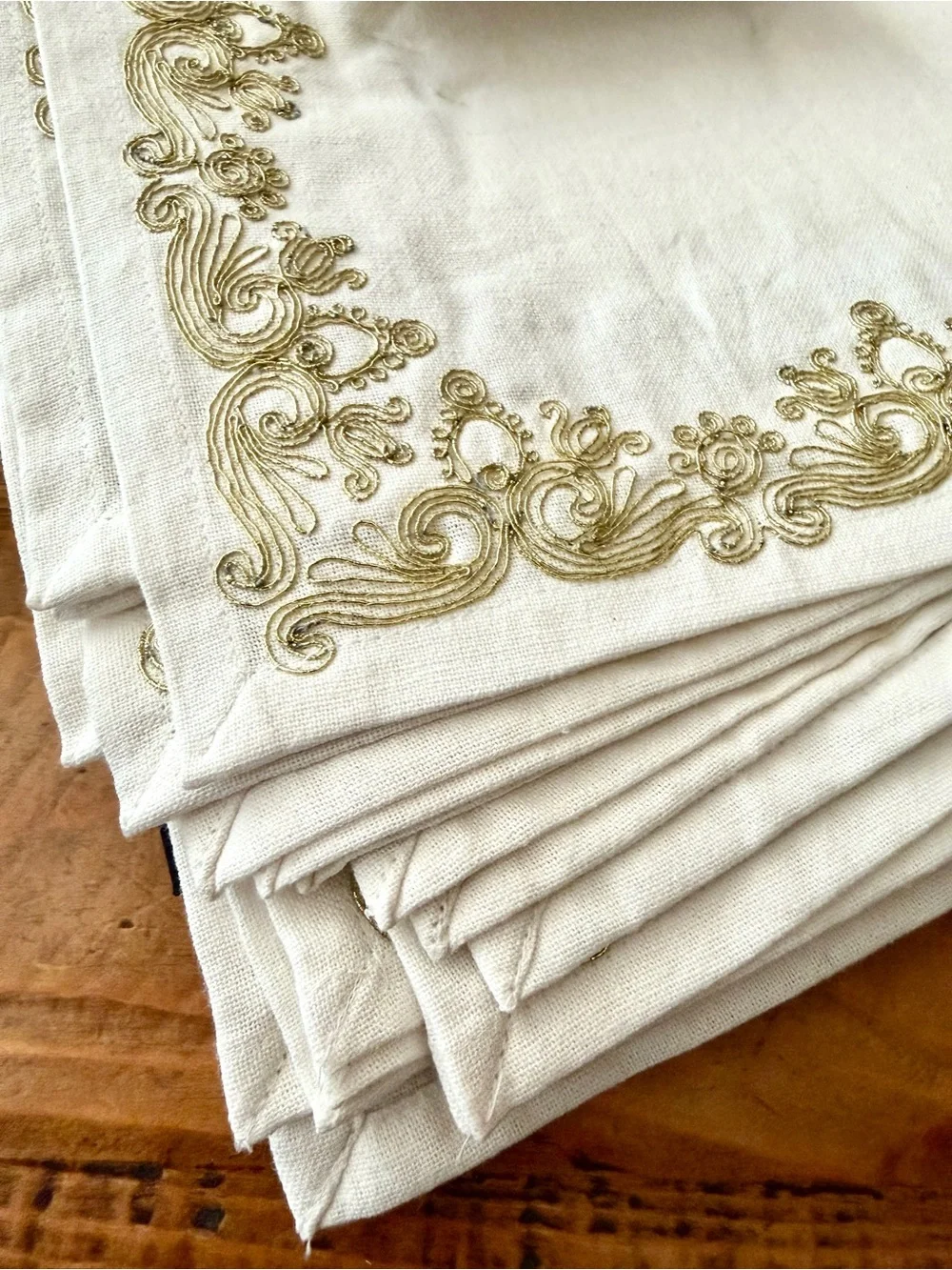 Off White Napkin Set with Gold Scroll Embroidery - 6 Pack